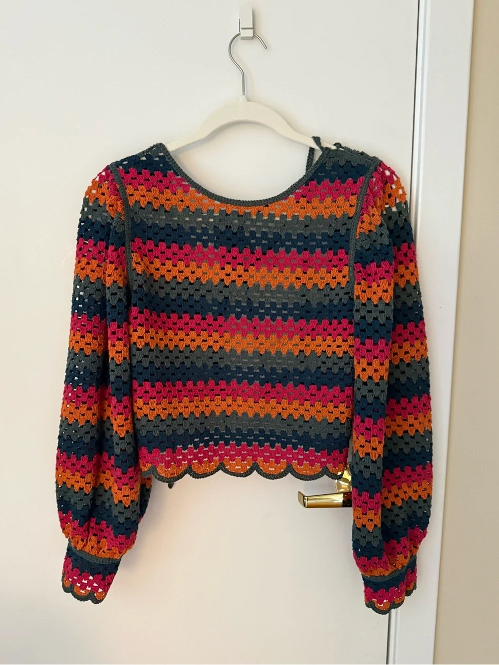 Zara Crochet Striped Puff Sleeve Top in Navy, Magenta & Orange